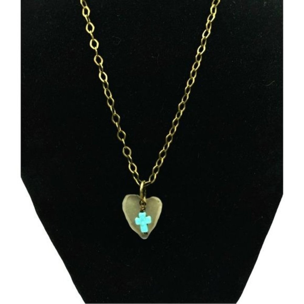 Artisan Light Green Sea Glass Concave Heart Pendant with Turquoise Cross Charm